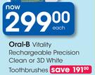 Oral-B Vitality Rechargeable Precision Clean Or 3D White Toothbrushes-Each