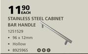 Stainless Steel Cabinet Bar Handle-192 x 12mm Each