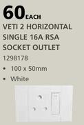 Veti 2 Horizontal Single 16A RSA Socket Outlet (White) 100 x 50mm-Each
