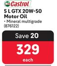 Castrol GTX 20W-50 Motor Oil 876122-5Ltr Each