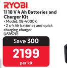 Ryobi 18V 4Ah Batteries And Charger Kit 458526-Per Kit