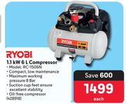 Ryobi 1.1kW 6L Compressor 428918-Each