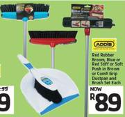Addis Red Rubber Broom, Blue/Red Stiff /Soft Push In Broom Or Comfi Grip Dustpan And Brush Set-Each