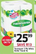 Twinsaver 2 Ply White Roller Towel 4s