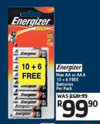 Energizer Max AA Or AAA 10+6 Free Batteries-Per Pack