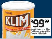 Nestle Nespray Or Klim Full Cream Instant Milk Powder-900gm Each