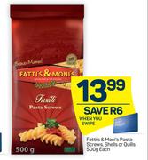 Fatti's & Moni's Pasta Screws, Shells Or Quills-500g Each