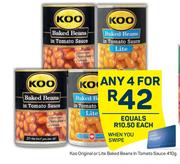 Koo Original Or Lite Baked Beans In Tomato Sauce-For 4 x 410g