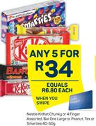 Nestle Kitkat Chunky Or 4 Finger, Bar One Larger Or Peanut, Tex Or Smarties-For Any 5 x 40-50g