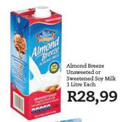 Almond Breeze Unsweetened Or Sweetened Soy Milk-1Ltr