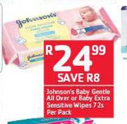 Johnsons Baby Gentle All Over Or Baby Extra Sensitive Wipes 72s
