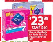 Libresse Maxi Pads Dup Packs 18s/20s Or Pantyliners 40s-Each