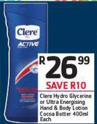 Clere Hydro Glycerine Or Ultra Energising Hand & Body Lotion Cocoa Butter-400ml Each