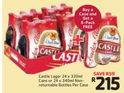 Castle Lager Cans-24 x 330ml Or Non Returnable Bottles-24 x 340ml Per Case Get A 6 Pack Free