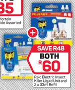 Raid Electric Insect Killer Liquid Unit And 2x33ml Refill- For Both