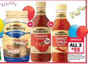 Wellington's Squeeze Sweet Chilli Sauce 500ml, Tomato Sauce 700ml & Mayonnaise 750g-For All 3