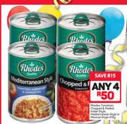 Rhodes Tomatoes Chopped & Peeled, Indian Style, Mediterranean Style Or Mexican Style-4x410g