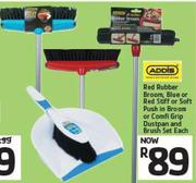 Addis Rubber Broom, Blue Or Red Stiff Or Soft Push In Broom Or Comfi Grip Dustpan & Brush Set-Each