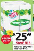 Twinsaver 2 Ply White Roller Towels-4's