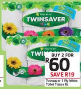 Twinsaver 1 Ply White Toilet Tissue 8's-For 2 Packs