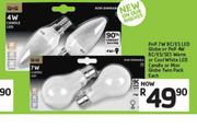PnP 7W BC/ES LED Globe Or PnP BC/ES/SES Warm Or Cool White LED Candle Or Mini Globe Twin Pack-Each