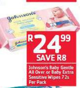 Johnson's Baby Gentle All Over Or Baby Extra Sensitive Wipes 72s-Per Pack