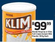 Nestle Nespray Or Klim Full Cream Instant Milk Powder-900g Each