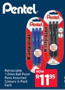 Pentel Retractable 1.0mm Ball Point Pens Assorted Colours 3 Pack-Each