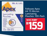 Fellowes Apex A4 75 Micron Laminating Pouches 100-Pack