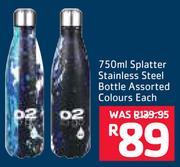 02 To Go 750ml Splatter Stainless Steel Bottle Assorted Colours-Each