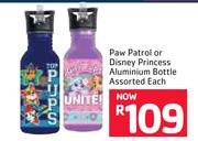 Paw Patrol Or Disney Princess Aluminium Bottle Assorted-Each