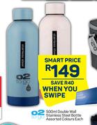 O2 To Go Double Wall Stainless Steel Bottle Assorted Colours-500ml Each