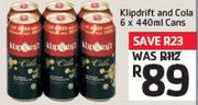Klipdrift and Cola 6 x 440ml Cans