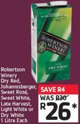 Robertson Winery Dry Red, Johannisberger, Sweet Rose, Sweet White, Late Harvest, Lite White 1L each