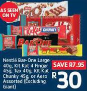 Nestle Bar-One Large 40g, Kit Kat 4 Finger 45g, Tex 40g, Kit Kat Chunky 45g or Aero Assorted 