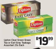 Lipton Clear Green Green Tea or Earl Grey Teabags Assorted 25s Each