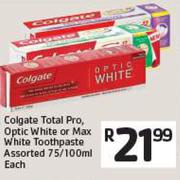 Colgate Total Pro, Optic White or Max White Toothpaste Assorted 75/100ml Each