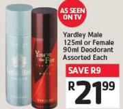 Yardley Male 125ml or Female 90ml Deodorant Assorted Each