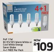 PnP 11W BC/ES/SES Warm White or Cool White Energy Saver Globe 4+1 Free Per Pack