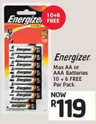 Energizer Max AA or AAA Batteries 10 + 6 Free Per Pack