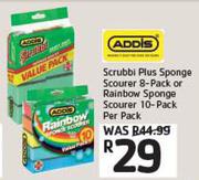 Addis Scrubbi Plus Sponge Scourer 8 Pack Or Rainbow Sponge Scourer 10 Pack-Per Pack