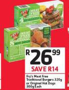 Fry's Meat Free Traditional Burgers 320g Or Original Hot Dogs-360g Each