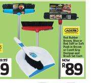 Addis Red Rubber Broom,Blue Or Red Stiff Or Soft Push In Broom Or Comfi Grip Dustpan & Brush Set-Eac