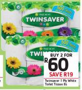 Twinsaver 1 Ply White Toilet Tissue-2 x 8s