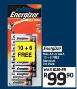 Energizer Max AA Or AAA 10 + 6 Free Batteries-Per Pack
