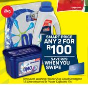 Omo Auto Washing Powder 2kg, Liquid Detergent 1.5Ltr Assorted Or Power Capsules 17's Pack-For Any 2