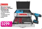 Makita 18V Li-ion Impact Drill Kit+ 67 Piece Accessory Set BHP453RHEX