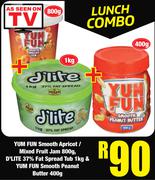 Yum Yum Apricot Mixed FruitJam 800g,D'Lite 37% Fat SpreadTub 1Kg & Yum Fun Smooth Peanut Butter 400g