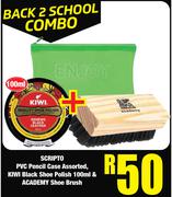 Scripto PVC Pencil Case, Kiwi Black Shoe Polish 100ml & Academy Shoe Brush-Combo
