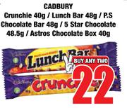 Cadbury Crunchie 40g/Lunch Bar 48g/P.S Chocolate Bar 48g/5 Star Chocolate 48.5g-For 2